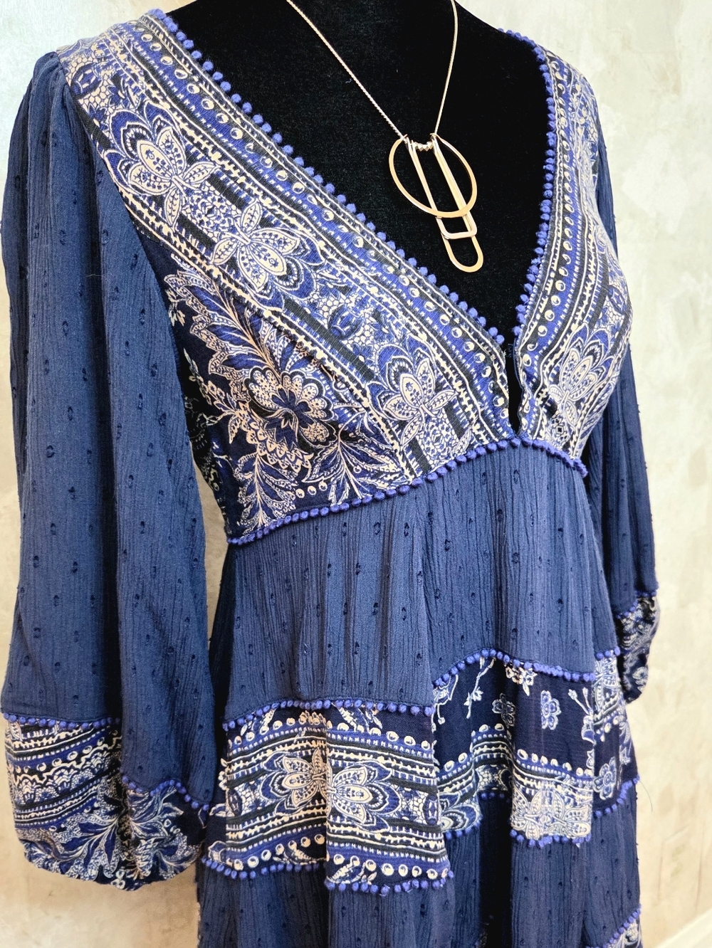 Free People Blue Boho Mini Dress XS Tiered Paisley V-Neck Bell Sleeve Lined Fest